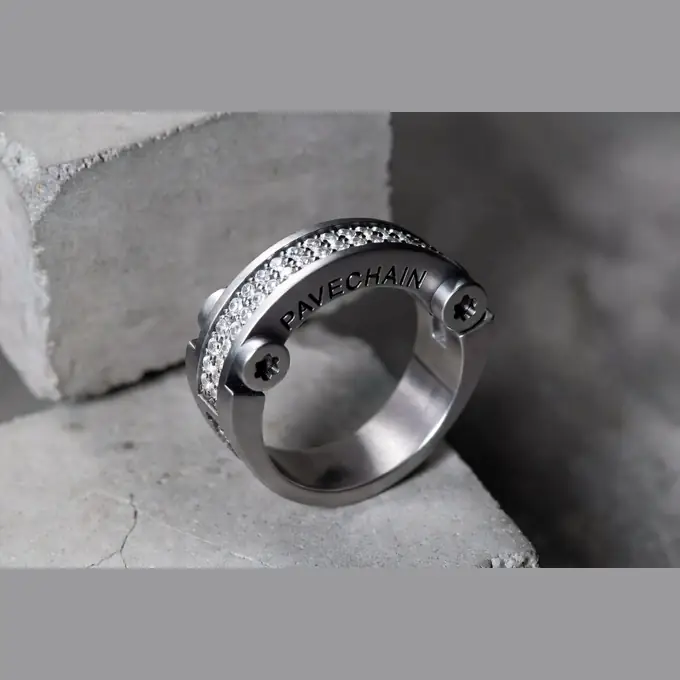 PAVECHAIN® Caliper Rivet Industrial Silvatinum™ Silver Men’s Ring